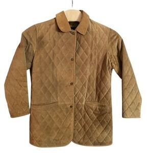 AM Journey Quilted Suede Corduroy Collar Jacket Tan Brown Snap Front Outerwear